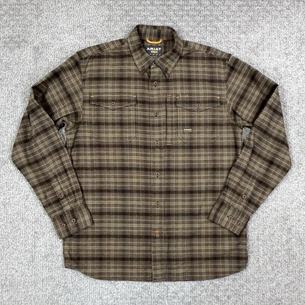 Ariat Shirt Mens Small Brown Plaid Flannel Long Sleeve Rebar Workwear Casual